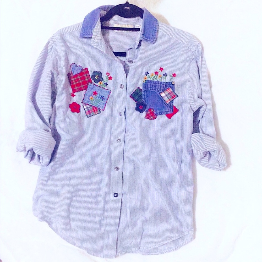 Cutesy Denim Button Down Country Floral Patchwork